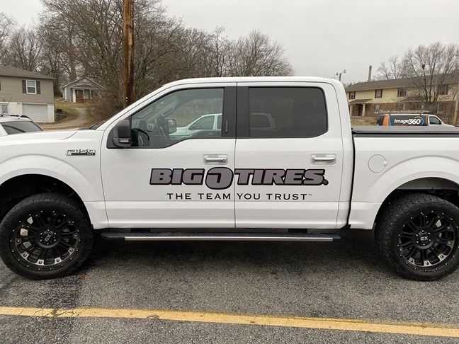 This dye cut car decal was made for the company Big O Tires.